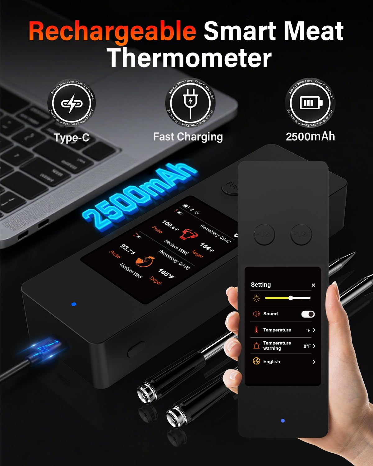 Revolutionize Your Cooking with the Bluetooth Wireless Meat Thermometer - Touch Screen, Dual Probes, 800Ft Range & Rechargeable Base for Perfect BBQ and Smoker Results