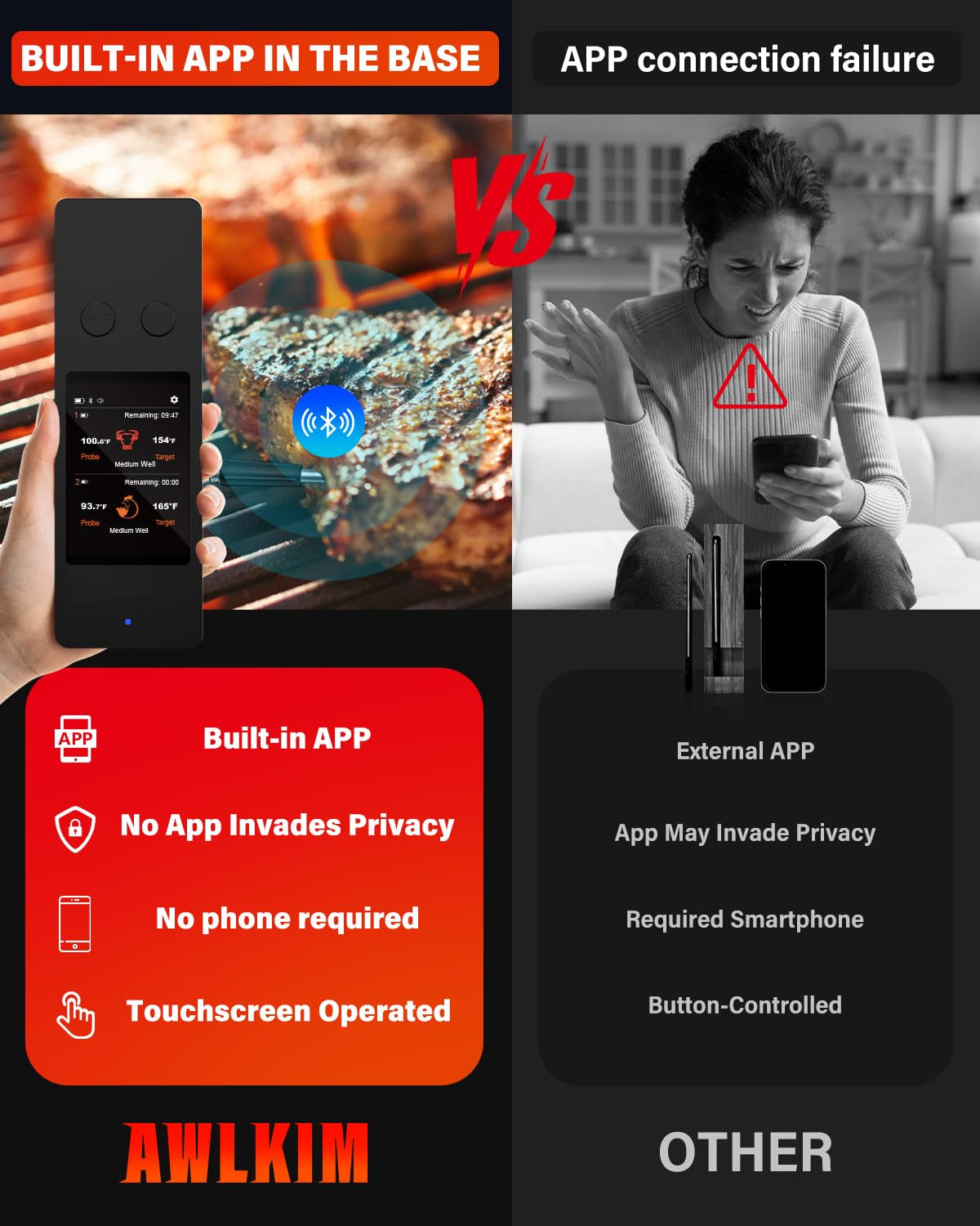 Revolutionize Your Cooking with the Bluetooth Wireless Meat Thermometer - Touch Screen, Dual Probes, 800Ft Range & Rechargeable Base for Perfect BBQ and Smoker Results